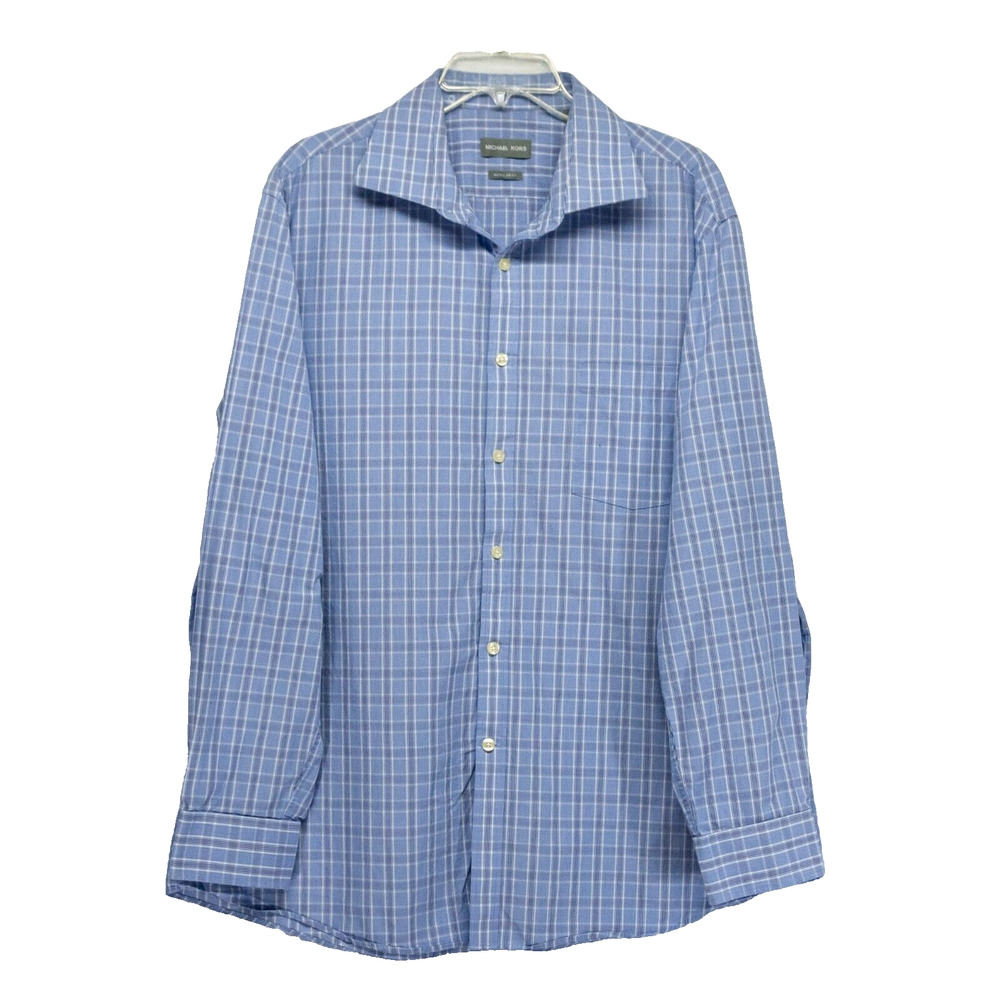 MICHAEL KORS Mens XL Dress Shirt Blue White Plaid Business Casual Button Up